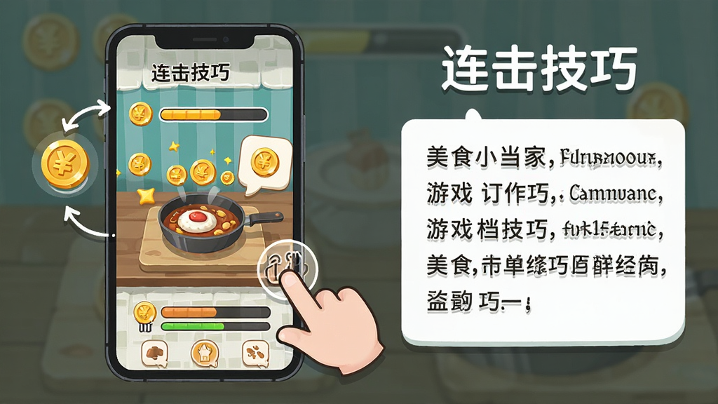 一张“美食小当家”游戏操作技巧示意图,主体为手机屏幕显示烹饪关卡,旁边有手指点击的指示图标,布局为左图右文,排版上方标注“连击技巧”,风格为简洁的教程插画,细节包括金币飘字、进度条和订单气泡,画质清晰,干净,无多余元素