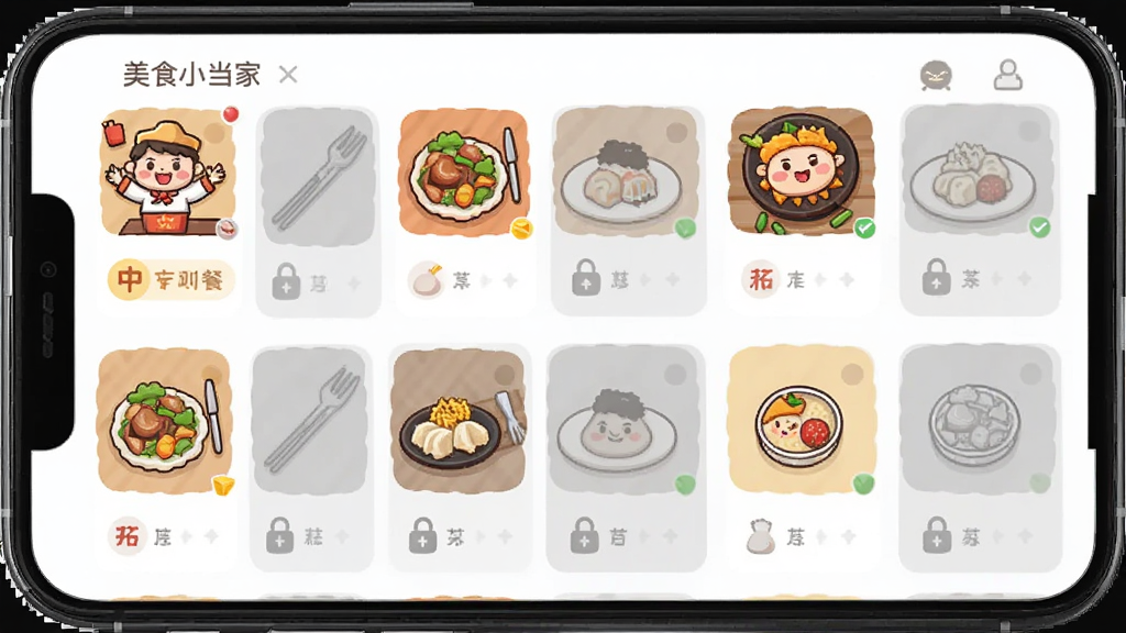 手机屏幕中展示“美食小当家”的菜谱收集界面,主体为多个菜系卡片整齐排列,包含中餐、西餐、日料等图标,布局为网格状,排版清晰,风格为扁平化卡通UI,细节包括已解锁菜品的彩色缩略图与未解锁的灰色轮廓,画质清晰,干净,无多余元素