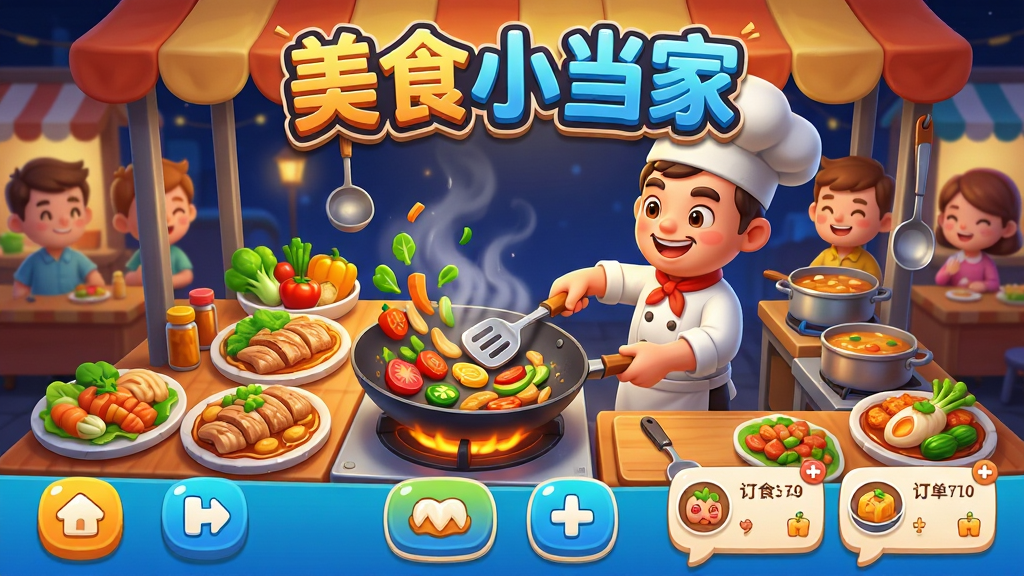一款以烹饪经营为主题的手机游戏画面,主体是一位卡通厨师在热闹的夜市摊位前翻炒食材,周围摆放着各式菜肴和厨具,布局采用三分法构图,上方为游戏名称“美食小当家”艺术字,下方为操作按钮与订单气泡,风格为明亮活泼的3D卡通渲染,细节包括热气腾腾的锅气、色彩鲜艳的蔬菜和微笑的顾客,画质高清,干净整洁,无多余元素