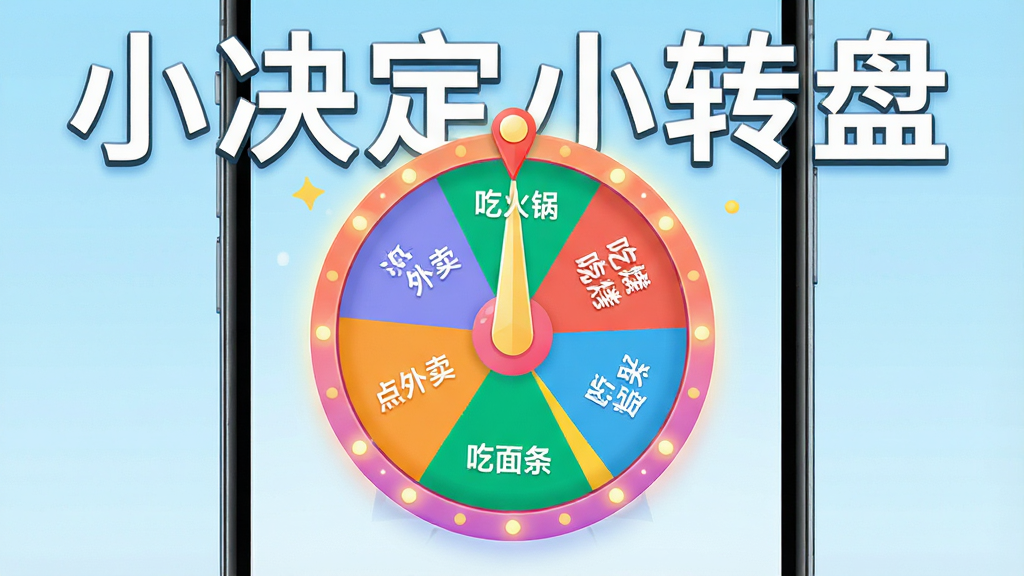 一张明亮简洁的手机应用界面展示图,画面中央放置一个色彩鲜艳的圆形转盘,转盘被等分为多个扇形区域,每个区域写有不同选项文字如“吃火锅”“吃烧烤”“吃面条”“点外卖”,转盘顶部有一个醒目的指针,手机屏幕周围环绕着“小决定小转盘”几个大字,整体布局采用居中构图,风格清新活泼,细节上转盘边缘有柔和光效,背景为浅蓝色渐变,画质高清,干净无多余元素
