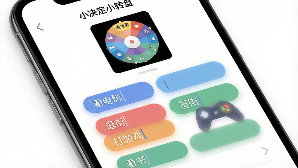 一部智能手机屏幕特写,屏幕上显示“小决定小转盘”的自定义编辑界面,画面中有多个彩色输入框正在添加选项文字如“看电影”“逛街”“打游戏”“看书”,界面布局为上下结构,上方是转盘预览小图,下方是选项列表,风格现代简约,细节上输入框有圆角设计和柔和阴影,背景为纯白色,画质清晰,干净无多余元素