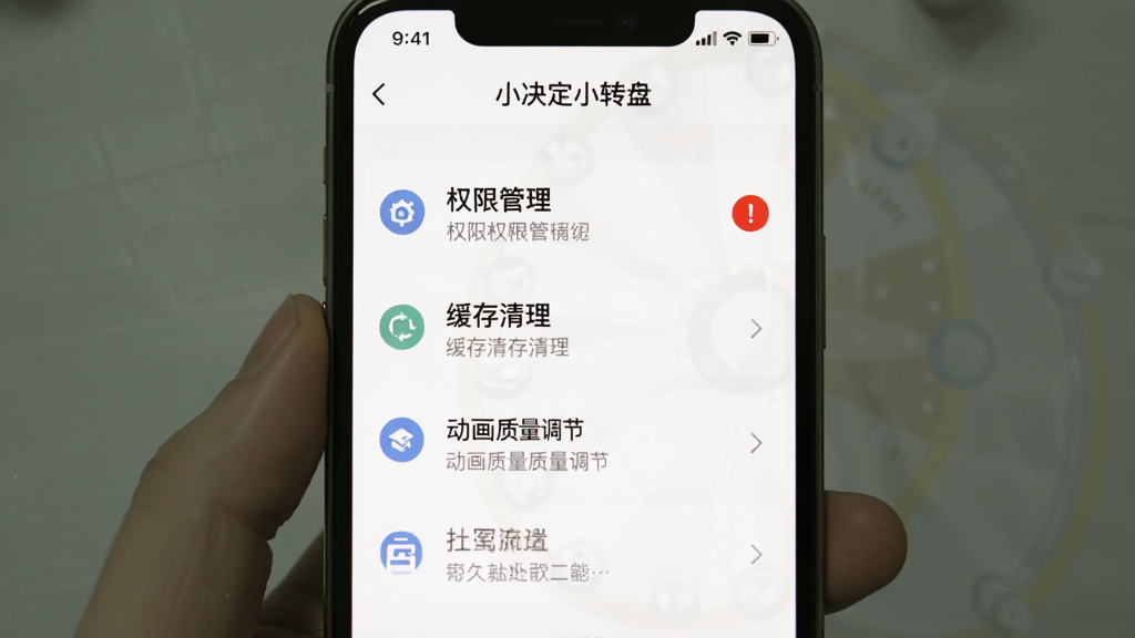 一张手机屏幕截图,画面显示“小决定小转盘”的设置页面,页面上有权限管理、缓存清理、动画质量调节等选项,其中权限管理项旁边有红色感叹号标识,布局为上下排列的列表形式,风格简洁明了,细节上每个设置项都有对应的图标说明,背景为白色,画质清晰,干净无多余元素