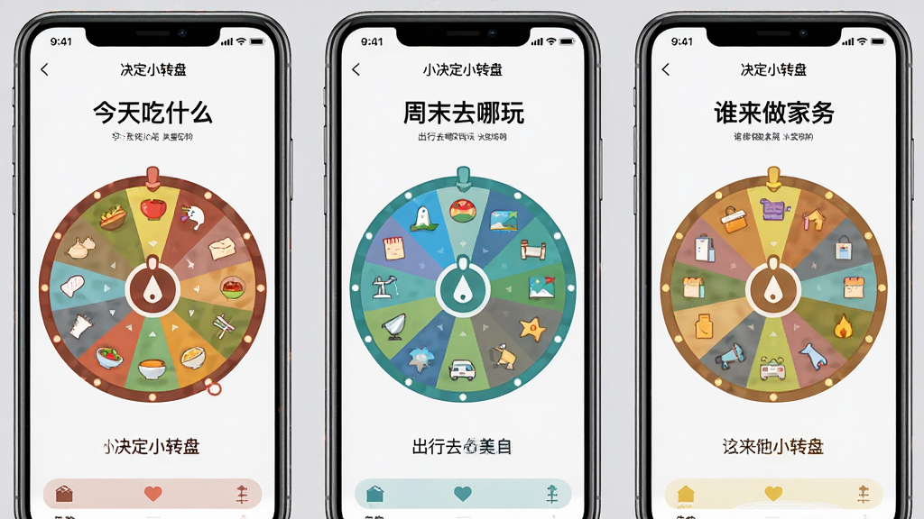 一张横向展示的手机应用截图组合图,画面中并排显示“小决定小转盘”的三个不同模板界面,分别是“今天吃什么”美食转盘、“周末去哪玩”出行转盘和“谁来做家务”分配转盘,每个转盘颜色风格各异,布局为三列等距排列,风格统一且富有变化,细节上每个转盘都有对应的图标装饰,背景为淡灰色,画质高清,干净无多余元素