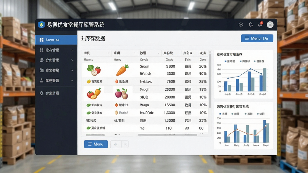 一张展示食堂仓库管理场景的软件界面截图,画面中央是“易得优食堂餐厅库管系统”主界面,左侧为功能导航栏,右侧为库存数据表格与图表,整体布局清晰整齐,风格为现代商务简约风,细节包含食材图标、数字报表、菜单按钮,画质清晰,干净,无多余元素