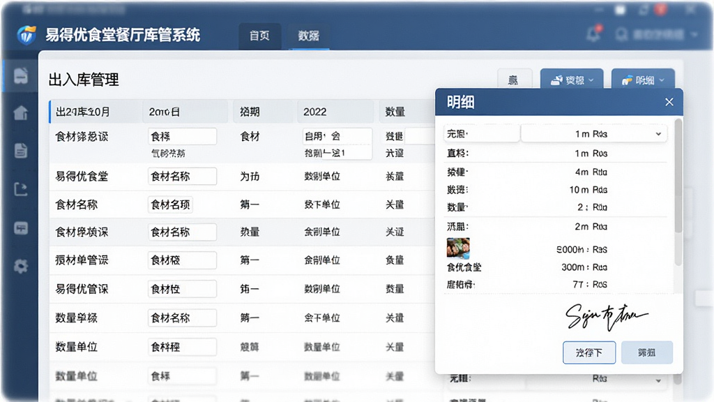 一张“易得优食堂餐厅库管系统”的出入库单据管理界面,画面主体为单据列表面板与明细弹窗,布局为左右分栏,风格简洁商务,细节包含日期标签、食材名称、数量单位、签名栏,画质清晰,干净,无多余元素