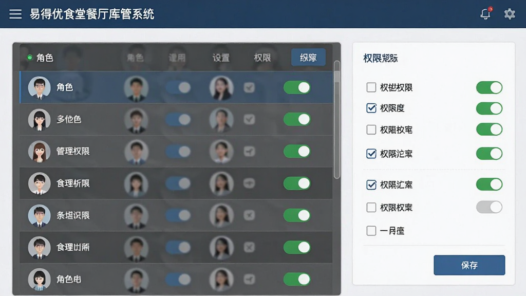 一张“易得优食堂餐厅库管系统”的用户权限设置界面,画面主体为角色列表与权限勾选面板,布局为左右结构,风格为简洁管理后台,细节包含角色头像、权限开关、保存按钮,画质清晰,干净,无多余元素