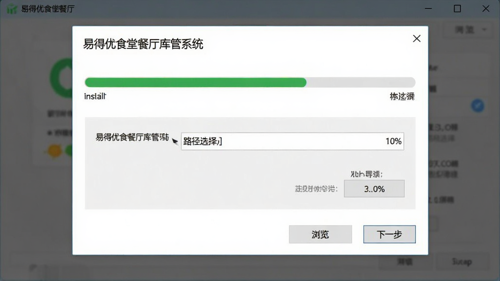 一张“易得优食堂餐厅库管系统”安装向导界面截图,画面主体为安装进度条与路径选择框,布局为居中弹窗,风格为简洁安装界面,细节包含浏览按钮、下一步按钮、进度百分比,画质清晰,干净,无多余元素