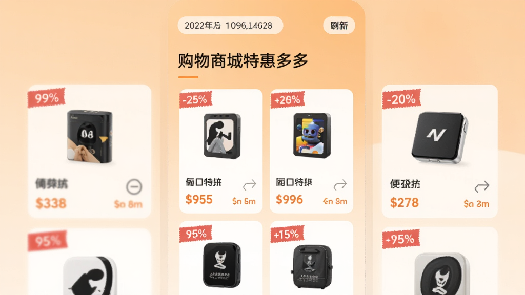 手机应用界面截图风格,画面中央是“购物商城特惠多多”的每日特惠聚合页面,顶部有日期标签和刷新按钮,下方排列着多个商品卡片,每个卡片带有折扣标签和倒计时,背景为浅橙色渐变,布局整齐,风格简洁现代,画质清晰,无杂乱元素
