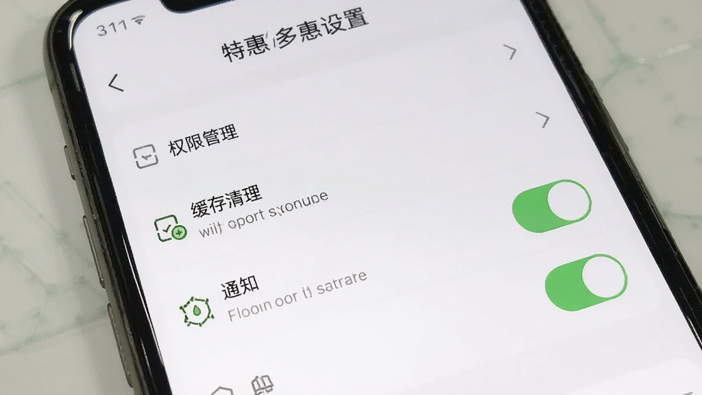 手机屏幕显示购物商城特惠多多的设置页面,包含权限管理、缓存清理、通知开关等选项,界面简洁,背景为白色,文字清晰,风格清爽,画质干净,无多余元素