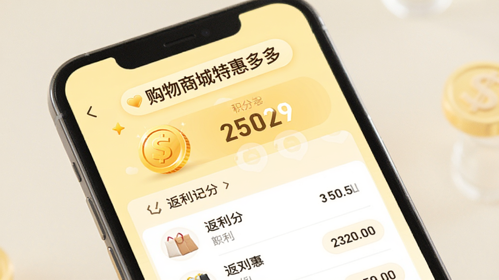 手机界面展示购物商城特惠多多的返利与积分页面,画面中有金币图标、积分数字、返利记录列表,背景为淡黄色,风格温馨,布局清晰,文字标注“购物商城特惠多多”,画质干净,无多余装饰