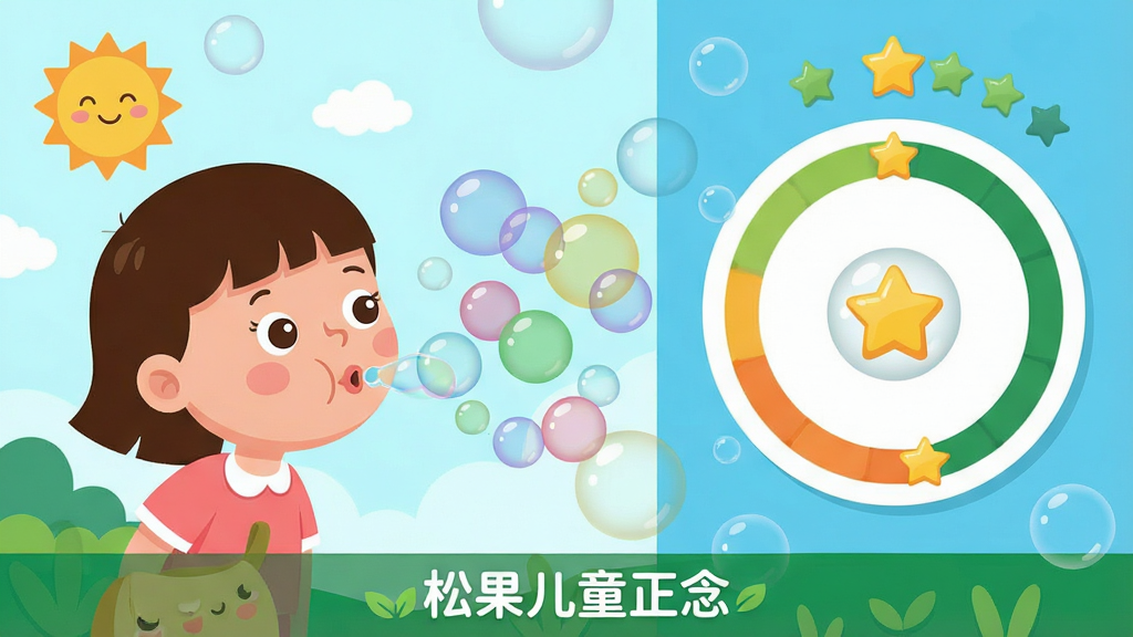 一幅儿童互动呼吸游戏界面示意图,主体是一个卡通小女孩对着屏幕吹出彩色泡泡,布局采用左右分栏,左侧为游戏角色,右侧为呼吸引导圆环,排版上画面底部有“松果儿童正念”文字,风格为明亮活泼的扁平插画风,细节包括大小不一的半透明泡泡、微笑的太阳、进度星星,画质高清,画面干净,无多余元素