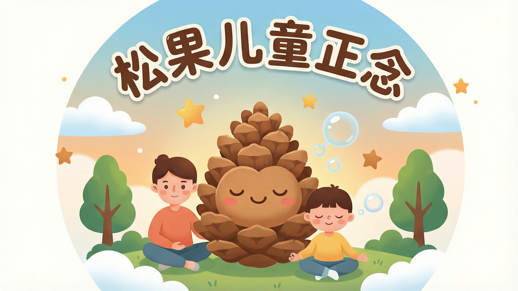 一幅温馨的儿童正念主题插画,画面中央是一个可爱的卡通松果形象,周围环绕着柔和的自然元素如云朵、星星和绿树,一位家长和孩子坐在一起闭眼冥想,整体布局采用圆形构图突出中心人物,排版上文字“松果儿童正念”以圆润字体置于画面上方,风格为温暖治愈的扁平化卡通风格,细节包括柔光效果、渐变天空背景、漂浮的呼吸气泡,画质高清1080P,画面干净,无多余元素