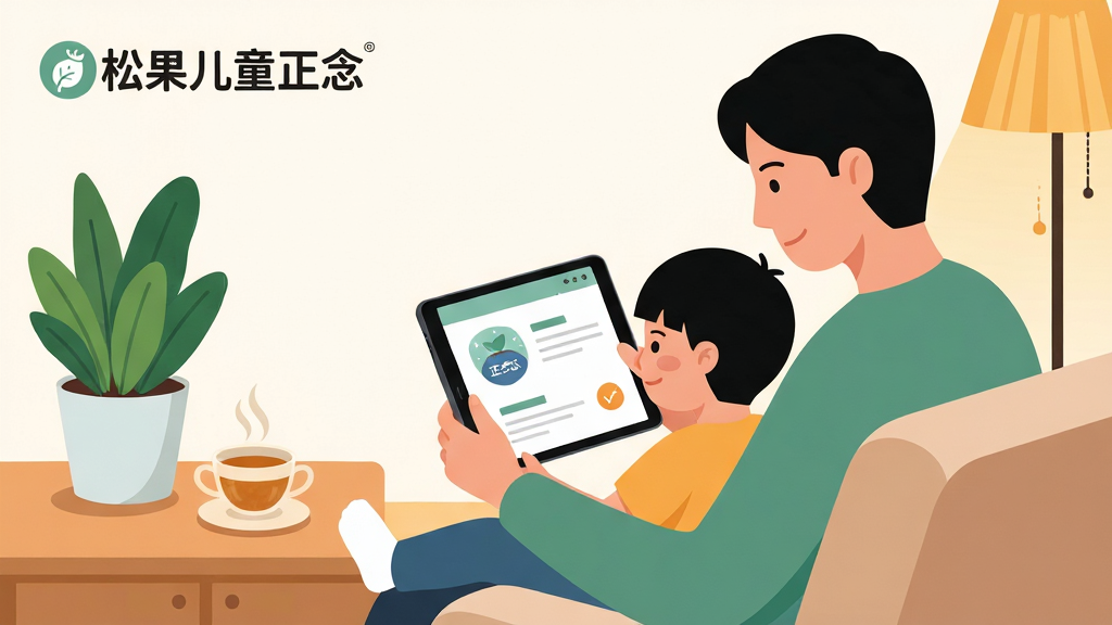 一幅家长与孩子共同使用平板的场景插画,主体是家长和孩子坐在沙发上看着平板屏幕上的正念报告,布局采用三分法构图,排版上画面左上角有“松果儿童正念”标识,风格为现代简约扁平风,细节包括绿植、茶杯、温馨灯光,画质高清,画面干净,无多余元素