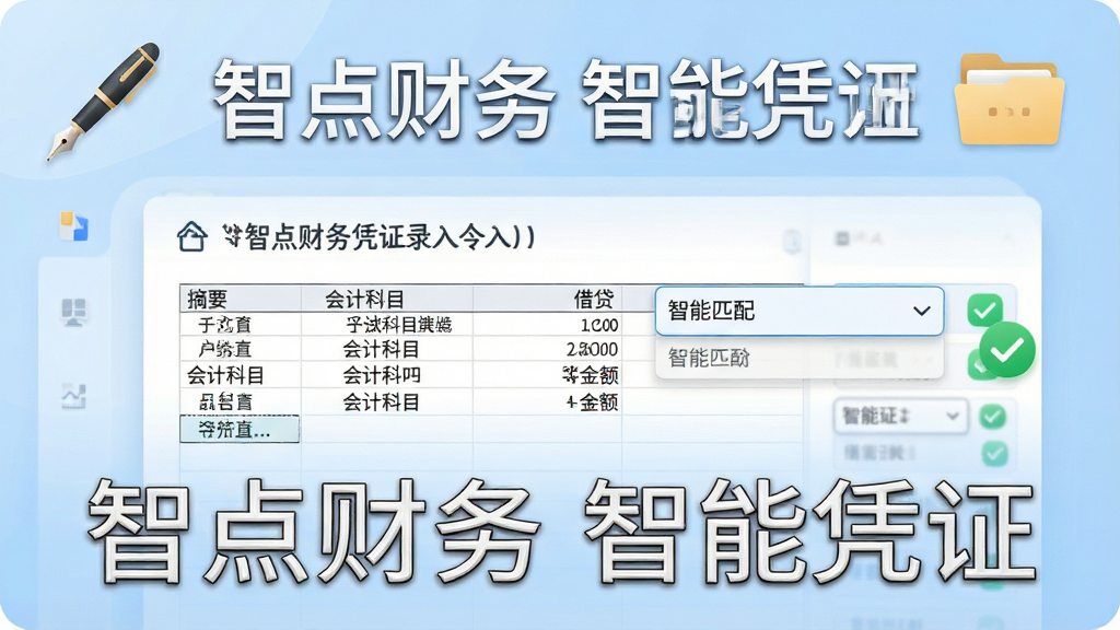 一张展示智点财务凭证录入界面的图片,画面中有一张电子凭证表格,表格内填写了摘要、会计科目、借贷金额等字段,旁边有智能匹配下拉框和绿色对勾校验标识,背景为淡蓝色渐变,风格专业清爽,细节包含钢笔、文件夹图标,画质高清,画面中文字标注“智点财务 智能凭证”。