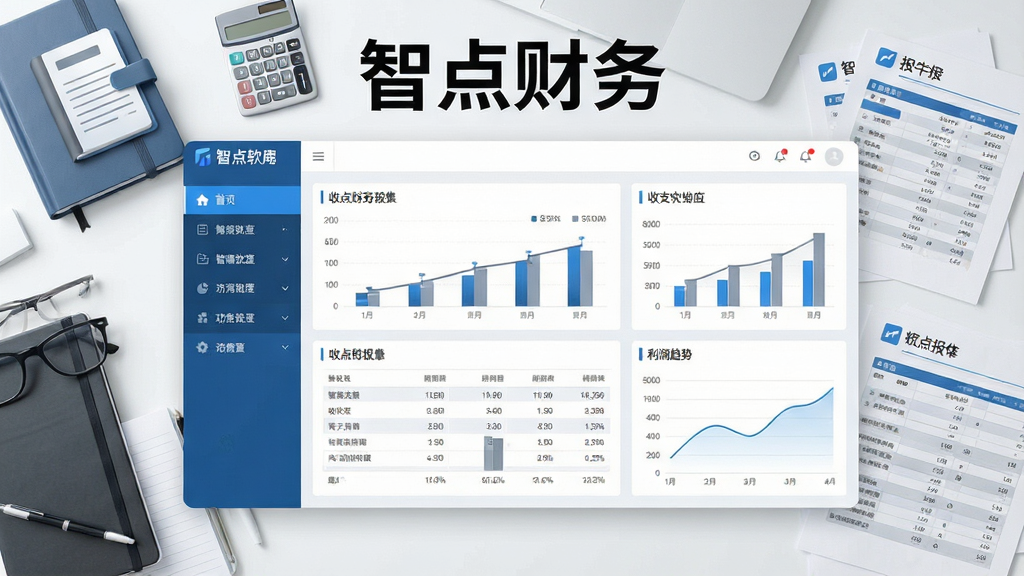一张展示智点财务软件主界面的宽幅图片,画面中央是软件仪表盘,左侧为功能导航栏,右侧显示收支图表与利润趋势曲线,背景为现代办公桌面,风格简洁商务,细节包含账本图标、计算器、报表纸张等元素,整体色调以蓝白灰为主,画面干净清晰,无多余装饰,画质高清,文字标注“智点财务”。