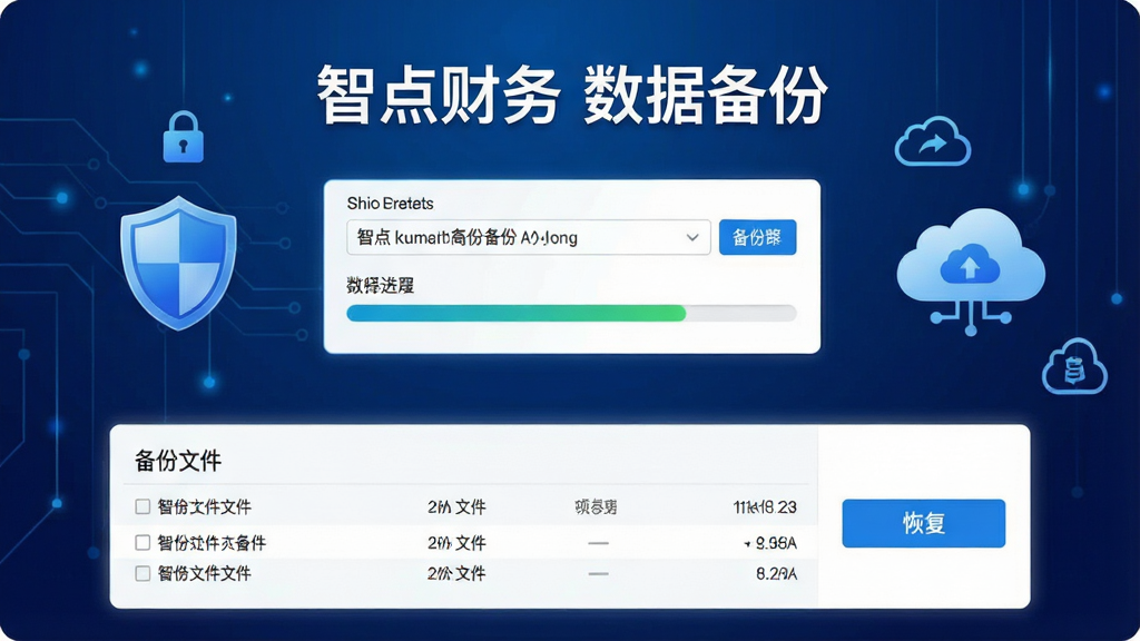 一张展示智点财务数据备份与恢复界面的图片,画面中央是备份路径选择框与进度条,下方有备份文件列表和恢复按钮,背景为深蓝色科技感渐变,风格简洁安全,细节包含盾牌图标、云朵同步标识,画面干净无多余元素,画质高清,文字标注“智点财务 数据备份”。