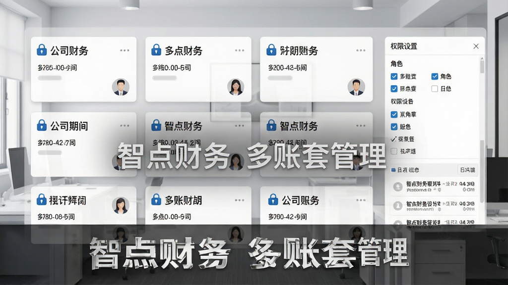 一张展示智点财务多账套管理界面的图片,画面中排列着多个账套卡片,每张卡片标注公司名称与期间,右侧有权限设置面板,包含角色勾选框与日志列表,背景为浅灰色办公环境,风格严谨商务,细节包含锁形图标、用户头像,画质高清,画面中文字标注“智点财务 多账套管理”。