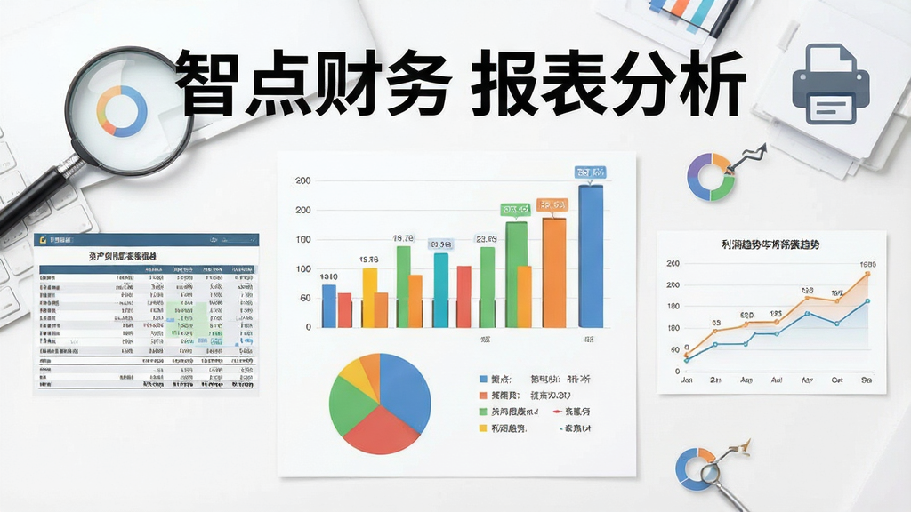 一张展示智点财务报表分析功能的图片,画面中央是彩色柱状图与饼图组合,左侧显示资产负债表缩略图,右侧为利润趋势折线,背景为白色办公桌面,风格现代数据可视化,细节包含放大镜、数据标签、打印图标,画面干净无杂乱元素,画质高清,文字标注“智点财务 报表分析”。