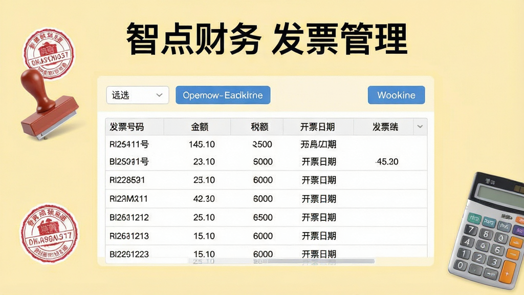 一张展示智点财务发票管理模块的图片,画面中央是发票列表表格,表格内包含发票号码、金额、税额、开票日期等列,上方有筛选与统计按钮,背景为淡黄色调,风格清晰规范,细节包含税务印章图标、计算器,画面干净整洁,画质高清,文字标注“智点财务 发票管理”。