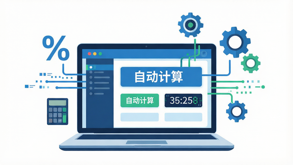 一幅表现工资管理系统自动计算功能的场景图,主体是一台笔记本电脑屏幕,屏幕上显示着工资管理系统界面,界面中有醒目的“自动计算”按钮和正在跳动的数字结果,屏幕旁边漂浮着百分号、计算器、齿轮等抽象图标,布局居中,风格为扁平化科技插画,细节包括蓝色和绿色的数据流动线条,画质高清,干净,无多余元素。