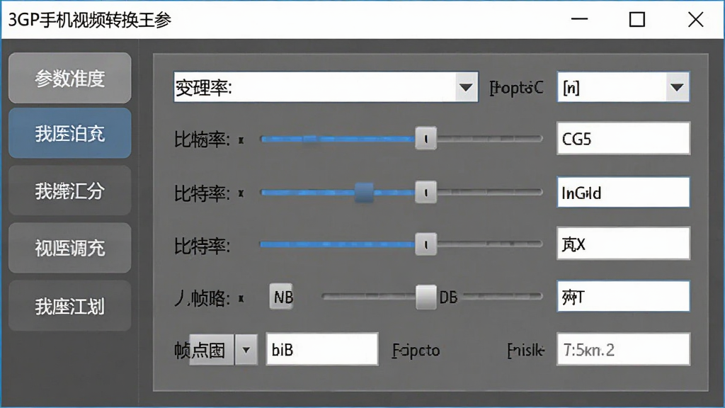 一张展示3GP手机视频转换王参数调节功能的图片,主体是软件界面中视频参数设置面板,布局为左侧选项标签、右侧滑块和输入框,排版工整,风格为专业工具风,细节包括分辨率下拉框、比特率滑块、帧率数值等控件,画质高清,画面干净,无多余元素。
