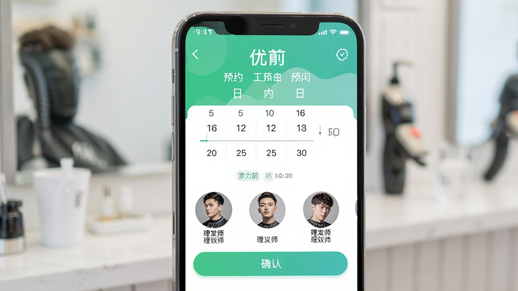 优剪应用预约界面展示图,主体为手机显示预约日历与理发师头像列表,布局上下分层,排版整齐,风格清新明快,细节包含时间选择器与确认按钮,画质清晰,干净,无多余元素