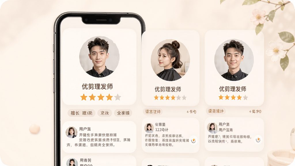 优剪理发师个人主页界面图,主体为手机展示理发师头像与评分星级,布局卡片式排列,排版规整,风格柔和亲切,细节包含擅长标签与用户留言,画质高清,干净,无多余元素