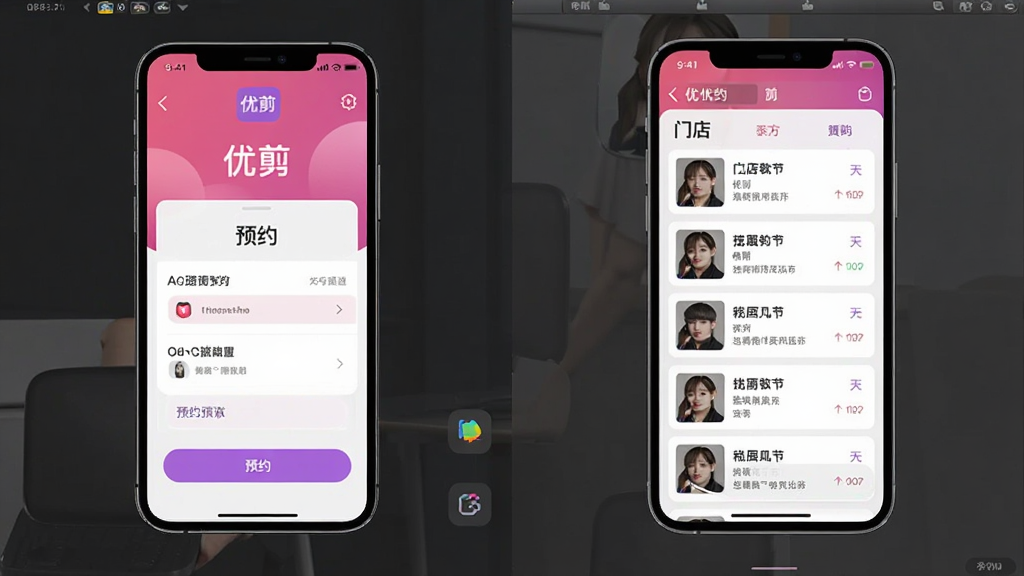 优剪应用在手机与电脑模拟器上的界面展示对比图,主体为两台设备并排显示,布局左右对称,排版清晰,风格科技简约,细节包含预约界面与门店列表,画质高清,干净,无多余元素
