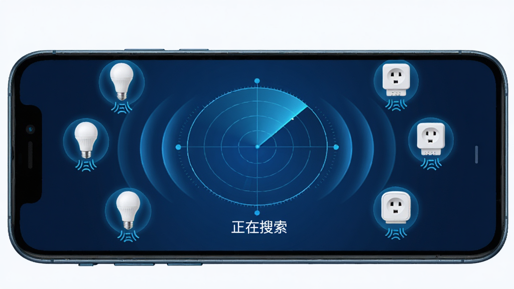 手机屏幕显示万能手机版家电遥控助手正在搜索WiFi设备,界面显示搜索雷达动画,周围有智能灯泡、智能插座等设备图标漂浮,布局为中心雷达向外扩散,风格为科技蓝调,细节包括雷达波纹、设备图标发光、文字提示“正在搜索”,画质高清,干净,无多余元素。