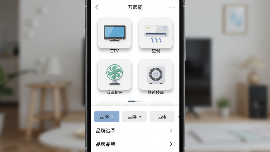 手机屏幕显示万能手机版家电遥控助手界面,界面上排列着电视、空调、风扇等设备图标,下方有品牌选择列表,背景是简洁的白色,布局为竖屏手机展示,风格为扁平化设计,细节包括图标阴影、按钮高亮、文字清晰,画质高清,干净,无多余元素。