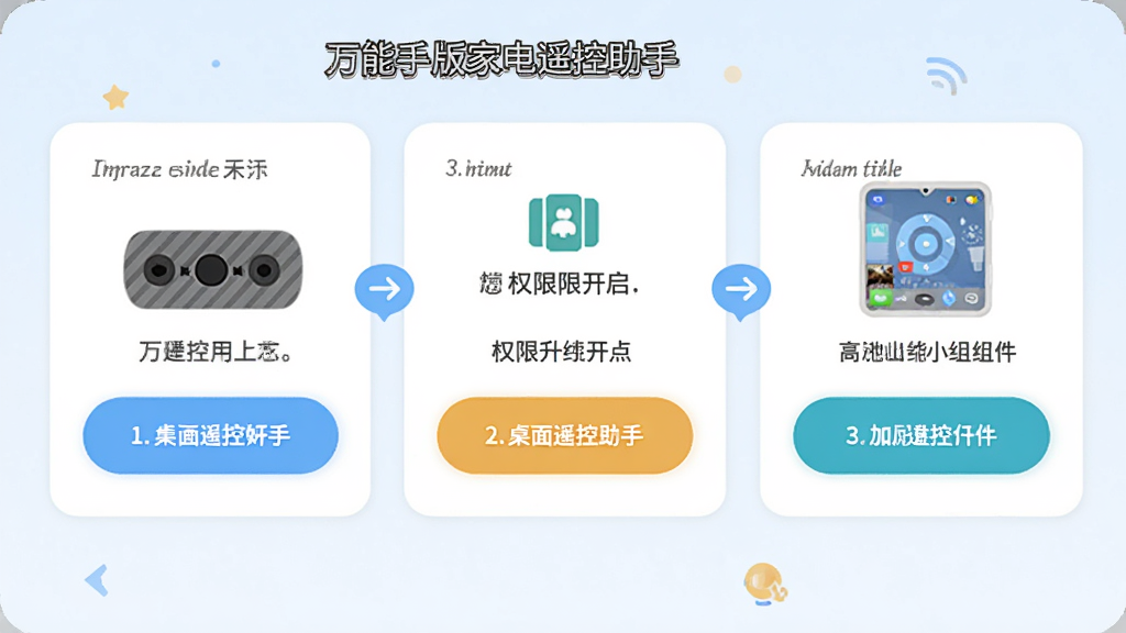 一部安卓手机屏幕显示万能手机版家电遥控助手的新手引导界面,界面中有红外发射口示意图、权限开启提示、桌面小组件添加按钮,布局为分步引导卡片,风格为友好亲切,细节包括箭头指示、高亮按钮、文字说明清晰,画质高清,干净,无多余元素。