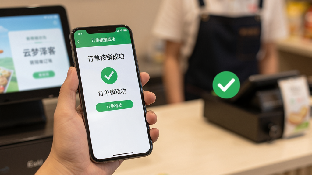 云梦泽好客订单核销场景图,画面中一只手拿着手机,屏幕显示订单核销成功页面,旁边有绿色的对勾图标和订单编号,背景是模糊的店铺收银台环境,风格写实,光线柔和,画质清晰,无杂乱元素