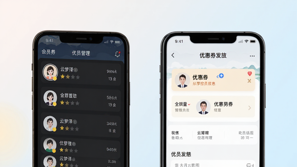 云梦泽好客会员管理功能展示图,画面中手机屏幕显示会员列表和优惠券发放界面,有头像图标和星级标识,背景是柔和的浅色渐变,风格清新,排版清晰,画质干净,无多余元素
