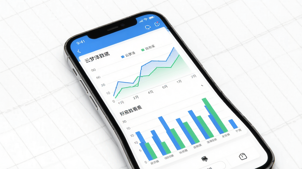云梦泽好客数据看板界面示意图,画面中央是手机屏幕,显示折线图和柱状图组合的数据面板,图表颜色以蓝色和绿色为主,背景是简洁的白色,周围有淡淡的网格线,风格商务简约,画质高清,无多余文字