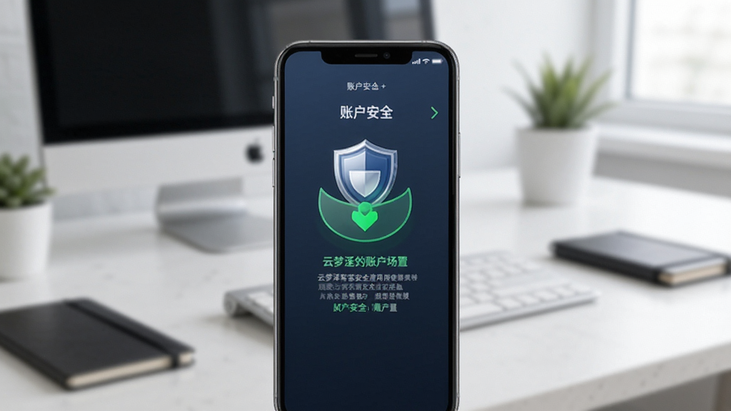 云梦泽好客安全使用场景图,画面中手机屏幕显示账户安全设置页面,有盾牌图标和绿色安全标识,背景是简洁的办公桌面,风格商务,画质清晰,无多余元素