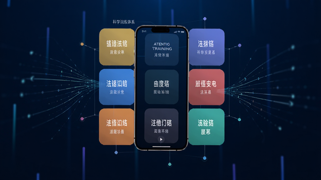 AttentionTraining软件中科学训练体系的界面展示,画面中心是一个由多个彩色模块组成的训练矩阵,每个模块标注着不同的注意力训练类型,背景为深蓝色科技感渐变,手机屏幕悬浮在画面中央,周围有数据流动的线条装饰,风格科技简约,画质高清,无杂乱元素