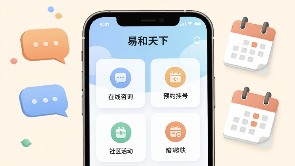 画面描绘一个手机应用界面,屏幕内展示“易和天下”生活服务板块,包括在线咨询、预约挂号、社区活动等图标入口;界面采用卡片式布局,配色柔和,周围点缀对话气泡和日历元素,风格亲切友好,画质清晰,无杂乱内容