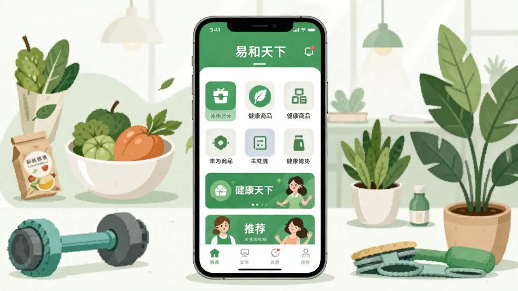 画面中央放置一部智能手机,手机屏幕显示“易和天下”应用主界面,界面包含健康商品分类图标与推荐横幅;手机周围环绕健康食品、运动器材、绿色植物等元素,采用扁平化插画风格,色调以清新绿和白色为主,布局简洁明快,细节丰富,画质清晰干净,无多余装饰,整体呈现健康生活氛围
