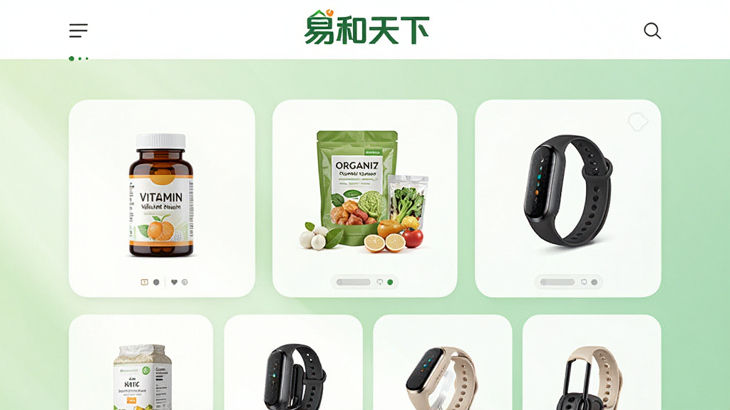 画面展示一个明亮的线上商城界面,页面顶部有“易和天下”品牌标识,中间区域整齐排列着各类健康商品卡片,包括维生素瓶、有机食品包装、智能手环等;背景为浅绿色渐变,风格现代简约,布局清晰有层次,细节精致,画质干净,无多余元素