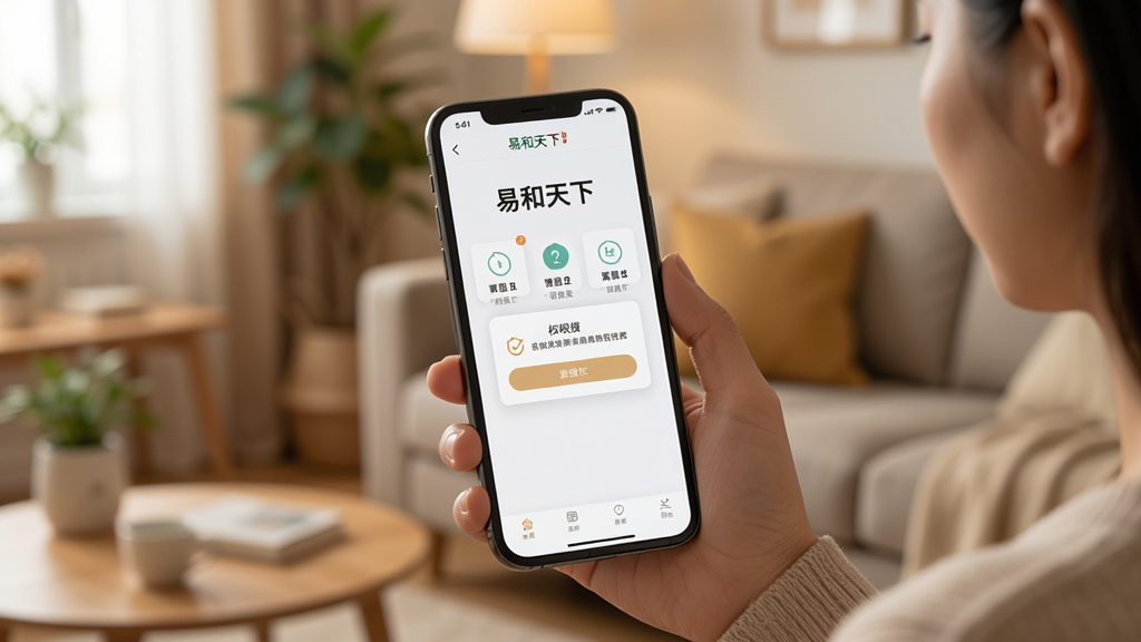 画面展示一位用户手持手机,手机屏幕显示“易和天下”应用的新手引导页面,页面带有步骤提示和权限授权弹窗;背景为居家环境,色调温暖,风格写实,细节清晰,画质干净,突出安全使用主题