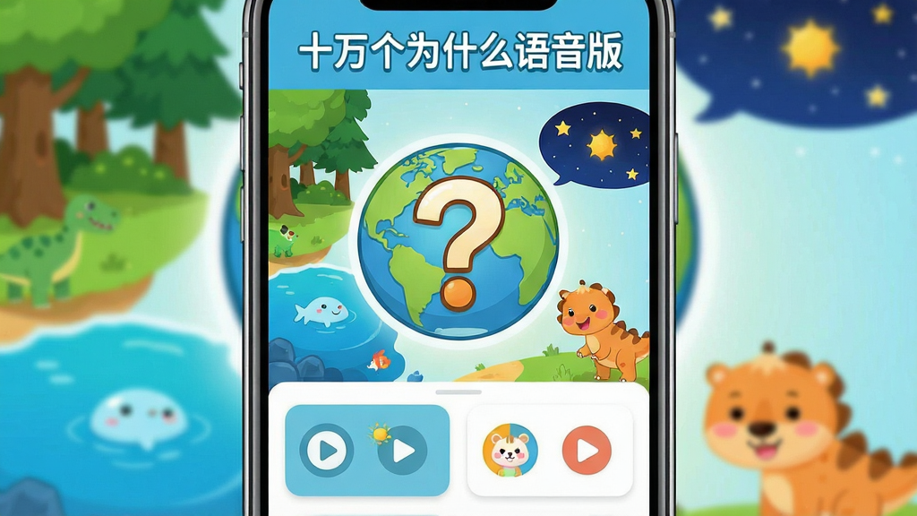 十万个为什么语音版应用主界面,中央展示卡通地球与问号图标,周围环绕森林、海洋、星空、恐龙等科普元素,布局为手机竖屏界面截图风格,排版上方为应用名称“十万个为什么语音版”,下方为分类卡片式音频列表,整体风格活泼童趣,细节包含播放按钮、可爱小动物插图,画质清晰,干净整洁,无多余元素