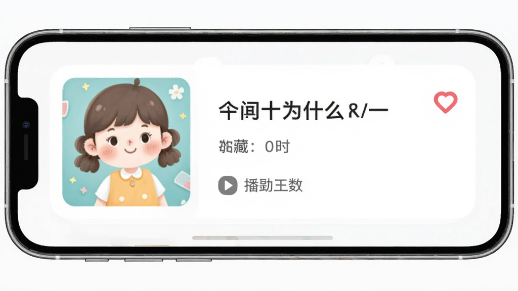 十万个为什么语音版推荐与收藏界面,主体为手机屏幕显示个性化推荐卡片和收藏列表,布局为上下结构,排版左侧为推荐封面图,右侧为音频标题与时长,风格清新柔和,细节包含爱心收藏图标和播放次数,画质清晰,干净整洁,无多余元素
