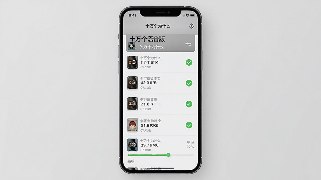 十万个为什么语音版离线下载管理界面,主体为手机屏幕显示已下载音频列表和下载进度条,布局为列表式排版,风格简约现代,细节包含下载完成对勾图标和存储空间提示,画质清晰,干净整洁,无多余元素
