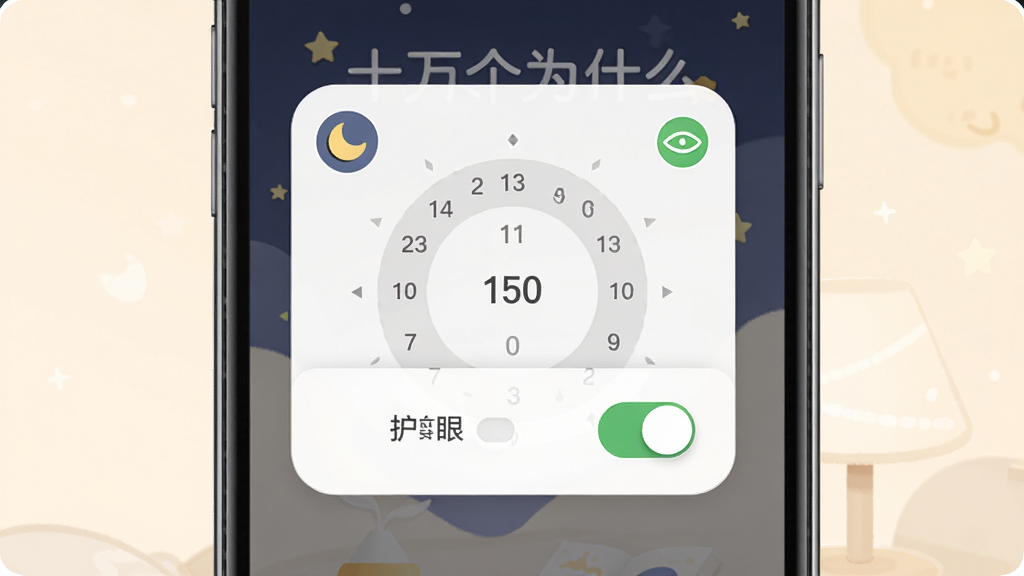 十万个为什么语音版定时设置与护眼模式界面,主体为手机屏幕显示时间选择轮盘和护眼开关按钮,布局为弹窗式排版,风格温馨柔和,细节包含月亮图标和绿色护眼标识,画质清晰,干净整洁,无多余元素