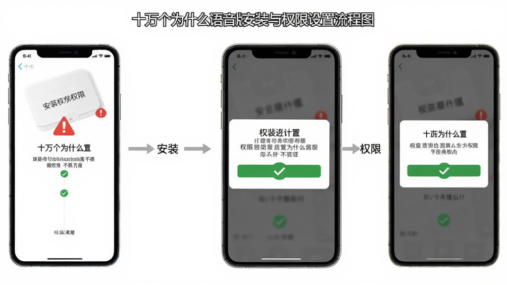 十万个为什么语音版安装与权限设置流程图,主体为手机屏幕展示安装步骤和权限弹窗,布局为分步截图排列,排版左侧为安装界面,右侧为权限设置界面,风格简洁明了,细节包含红色警告标识和绿色对勾图标,画质清晰,干净整洁,无多余元素