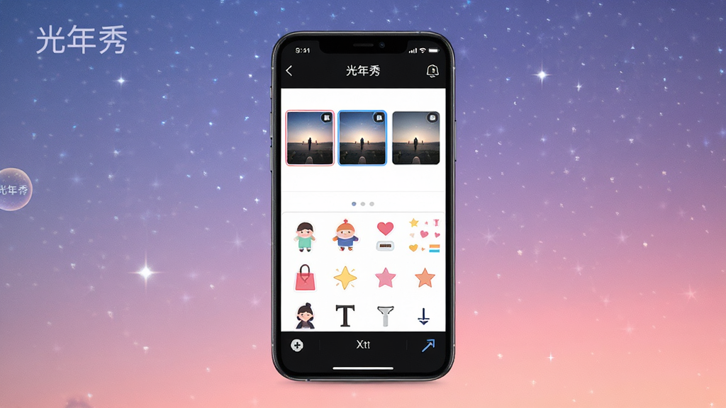 一张以“光年秀”应用界面为主体的展示图,画面中央是手机屏幕,屏幕内呈现光年秀的图片编辑界面,包含滤镜缩略图、贴纸选项和文字工具栏,背景为柔和的星空渐变色调,布局简洁,风格现代科技感,细节清晰,画质干净,无多余元素