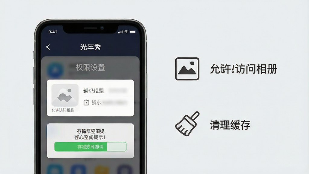 一张以“光年秀”移动端操作提示为主题的示意图,画面中手机屏幕显示权限设置界面和存储空间提示,旁边有简洁的图标标注“允许访问相册”“清理缓存”等文字,背景为浅灰色,风格清爽直观,布局清晰,画质干净,无多余元素