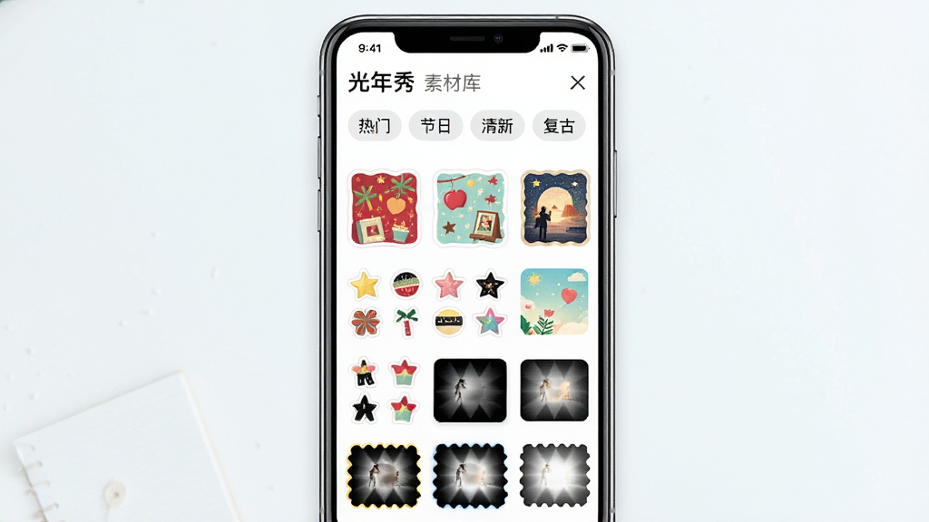 一张展示“光年秀”素材库的界面图,画面中手机屏幕显示素材分类标签,包括“热门”“节日”“清新”“复古”等,下方是整齐排列的贴纸和滤镜缩略图,整体风格清新明亮,布局整洁,画质清晰,无多余元素