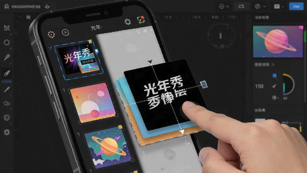 一张以“光年秀”多图层编辑功能为主题的示意图,画面中手机屏幕显示多个图层缩略图,用户正在拖拽调整文字图层位置,背景为深色工作区,图层元素色彩鲜明,布局清晰,风格专业简洁,画质干净,无多余元素