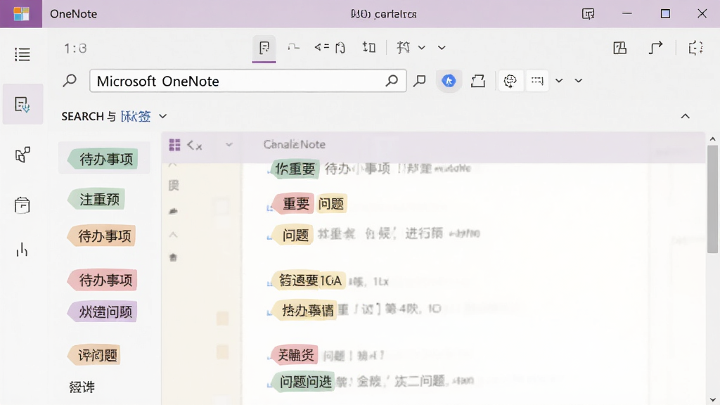 微软OneNote搜索与标签功能界面截图,画面中搜索框中输入了关键词,下方列表实时显示匹配的笔记页面,页面中不同颜色的标签高亮显示,包括待办事项、重要和问题等标记,界面风格清爽,画质清晰,干净无多余元素。